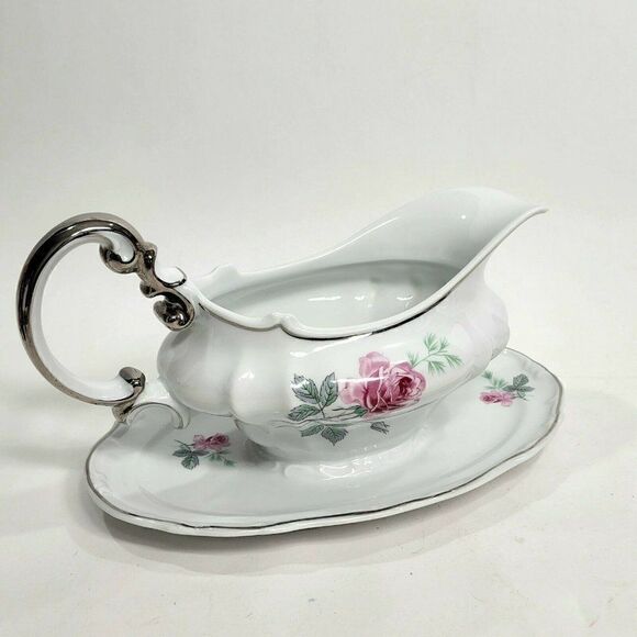 Home Arts ENCHANTED ROSE Pink Gravy Boat with Attached Underplate Germany - Picture 10 of 11